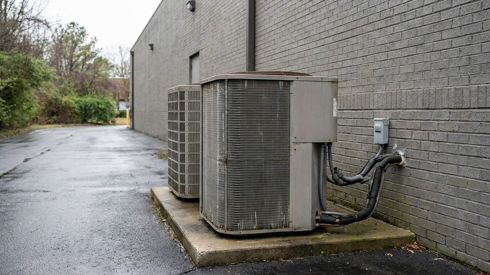 Industrial heat-pump equipment outside a commercial building