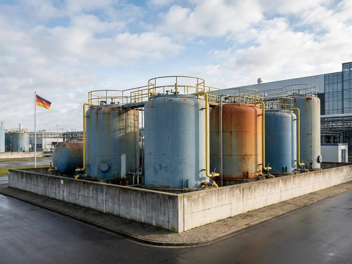 Industrial acrylate storage tanks with intact concrete secondary containment at a German manufacturing site