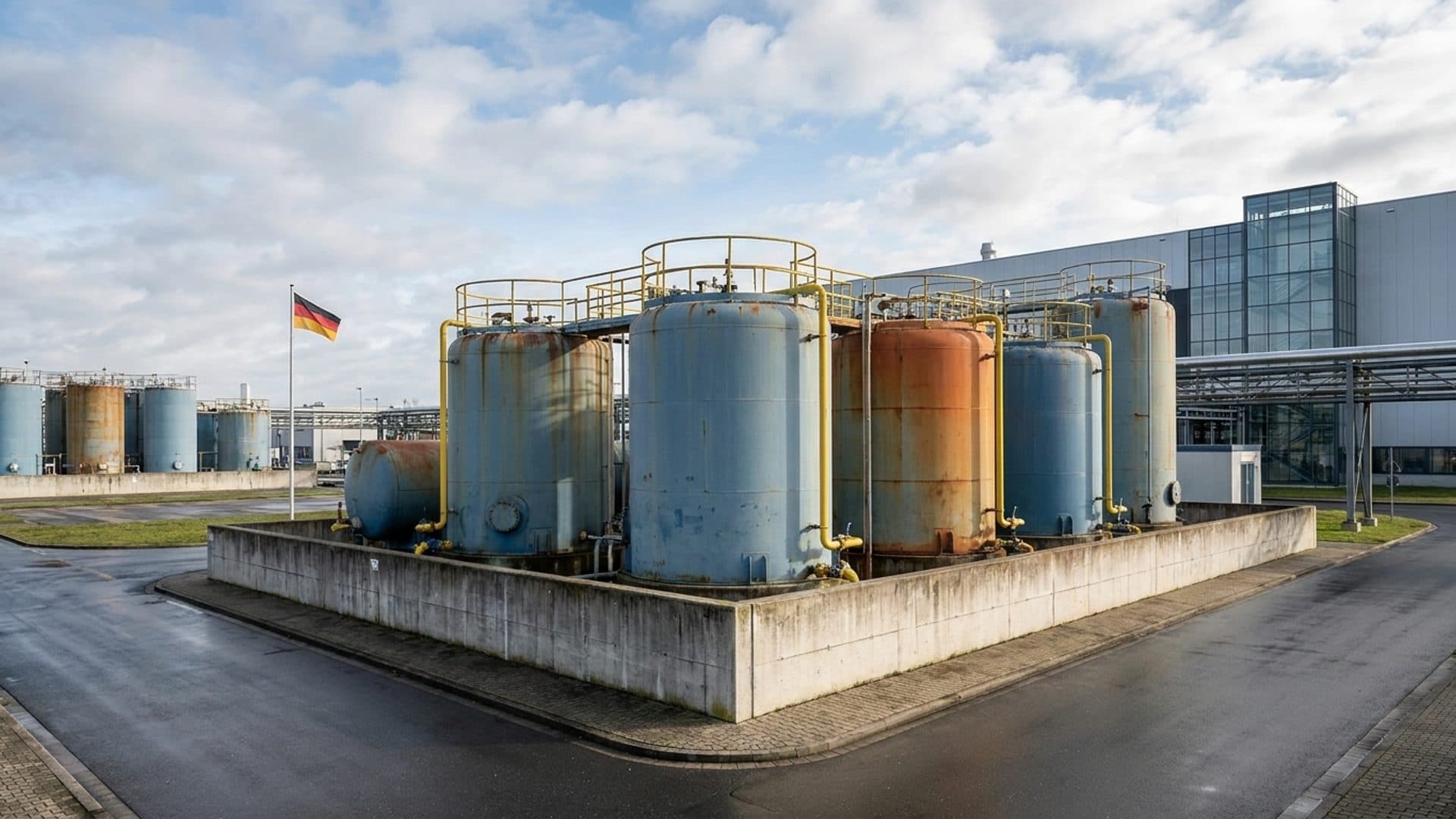 Industrial acrylate storage tanks with intact concrete secondary containment at a German manufacturing site