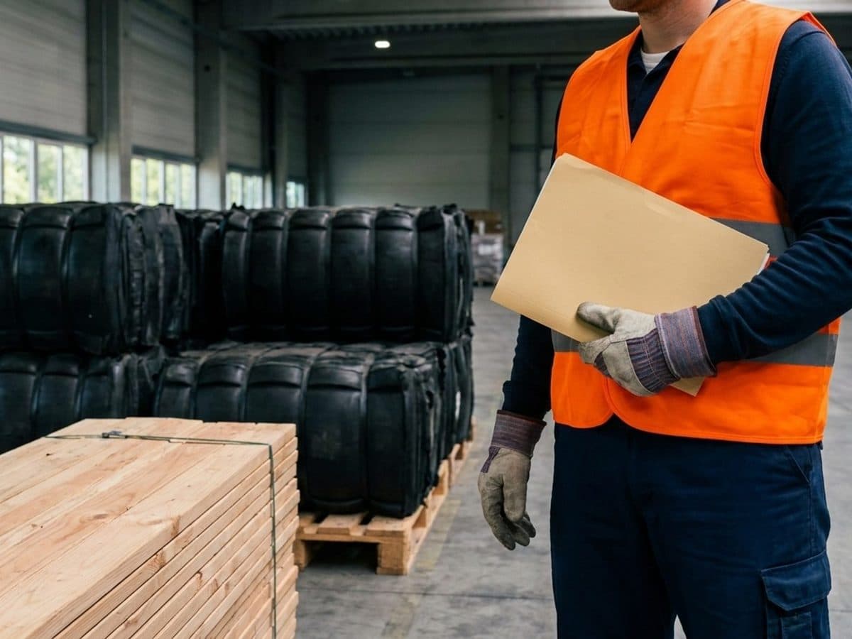 A compliance specialist checking records beside rubber and timber shipments