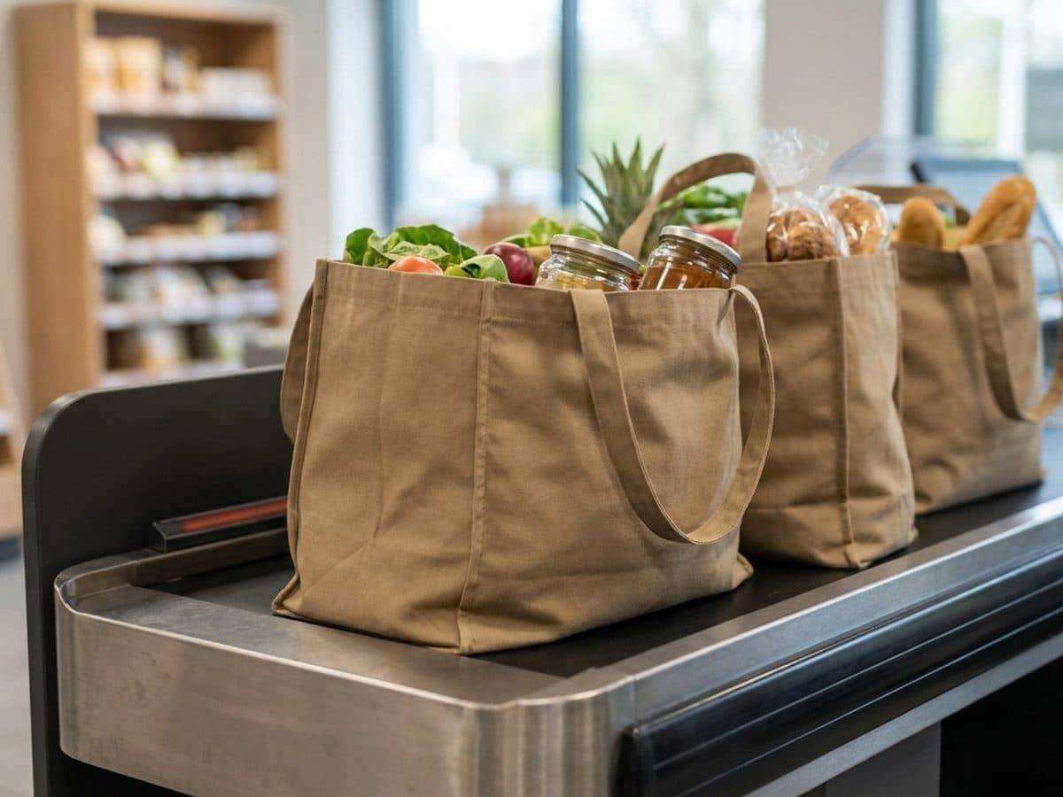 Plain reusable shopping bags at a modern retail checkout