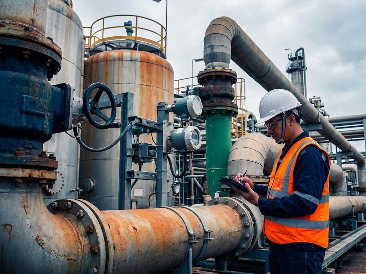 An industrial emissions specialist inspecting monitoring equipment at a chemical plant