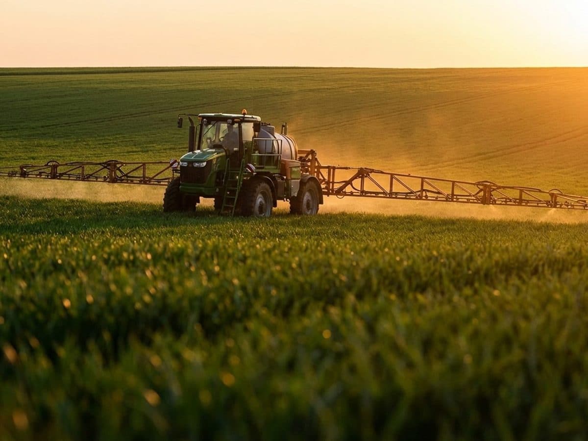 Agricultural spraying equipment in a crop field