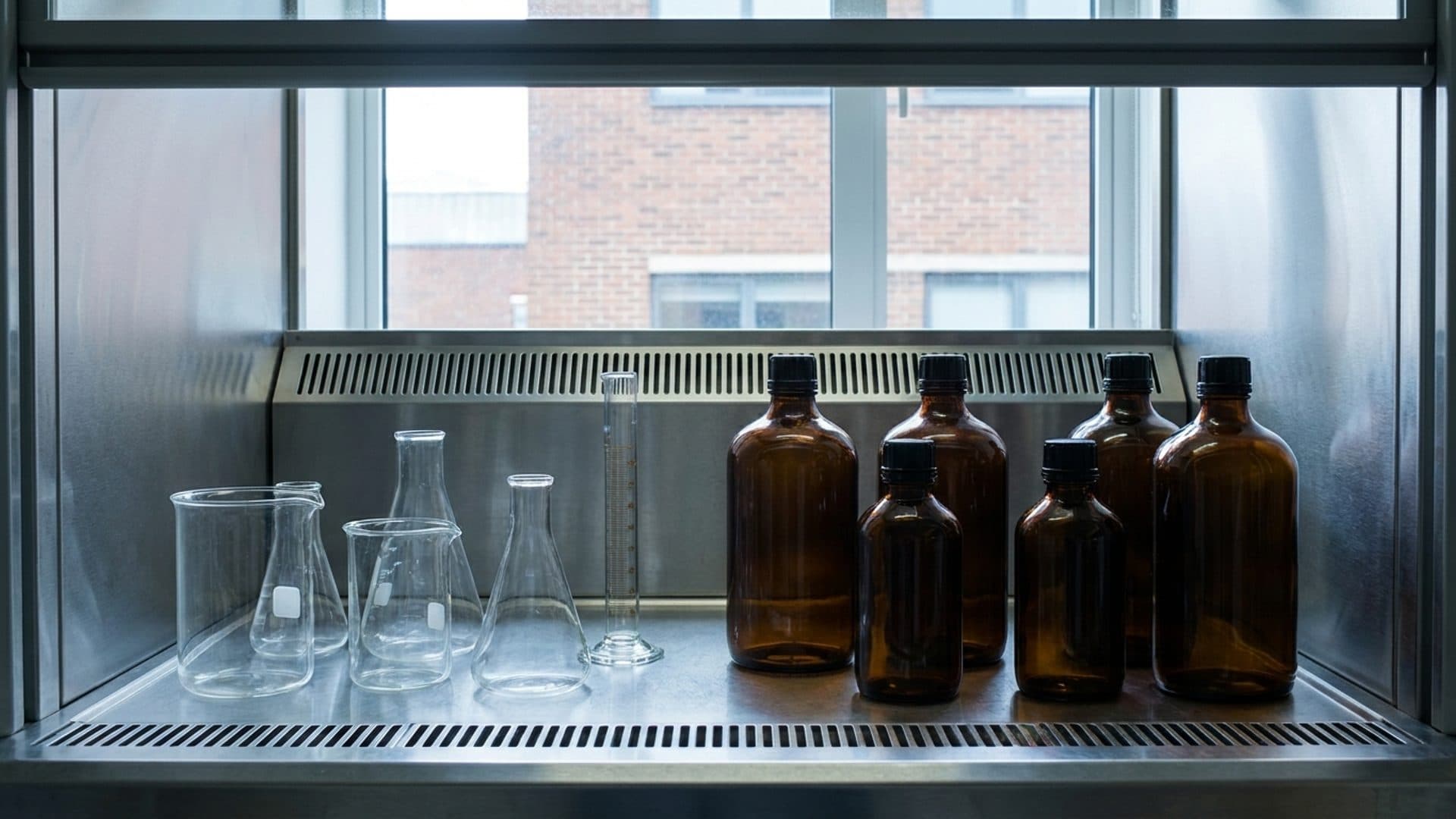 Laboratory glassware and closed reagent bottles inside a fume cupboard