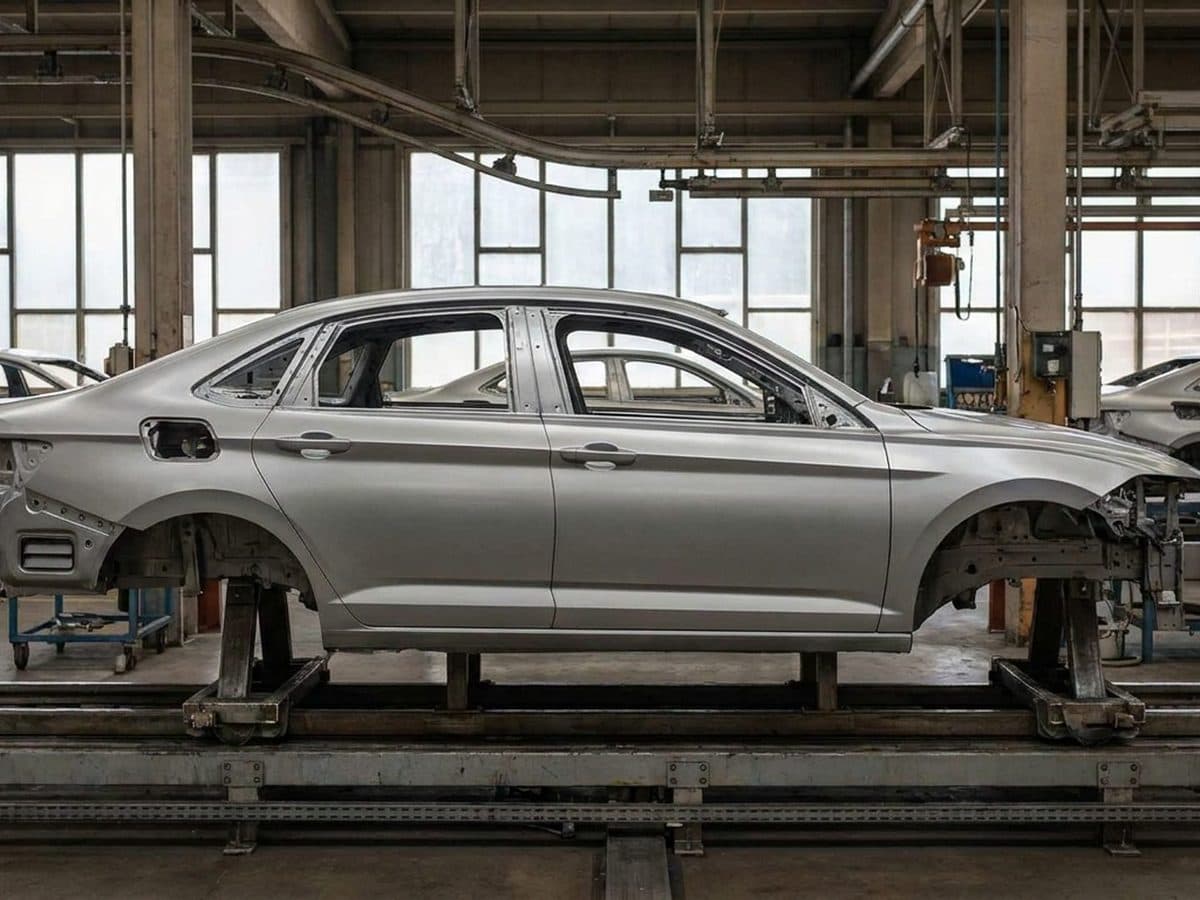 Unfinished passenger-car bodies on a factory assembly line