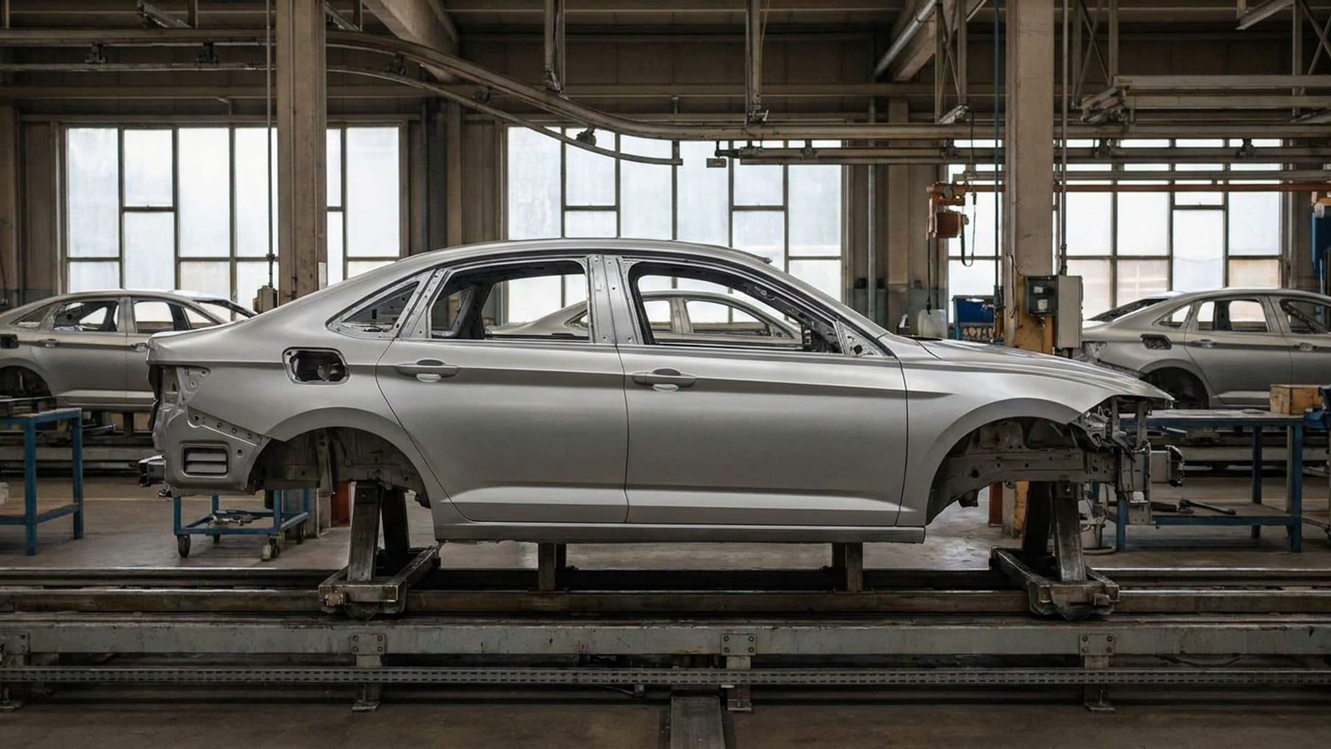 Unfinished passenger-car bodies on a factory assembly line