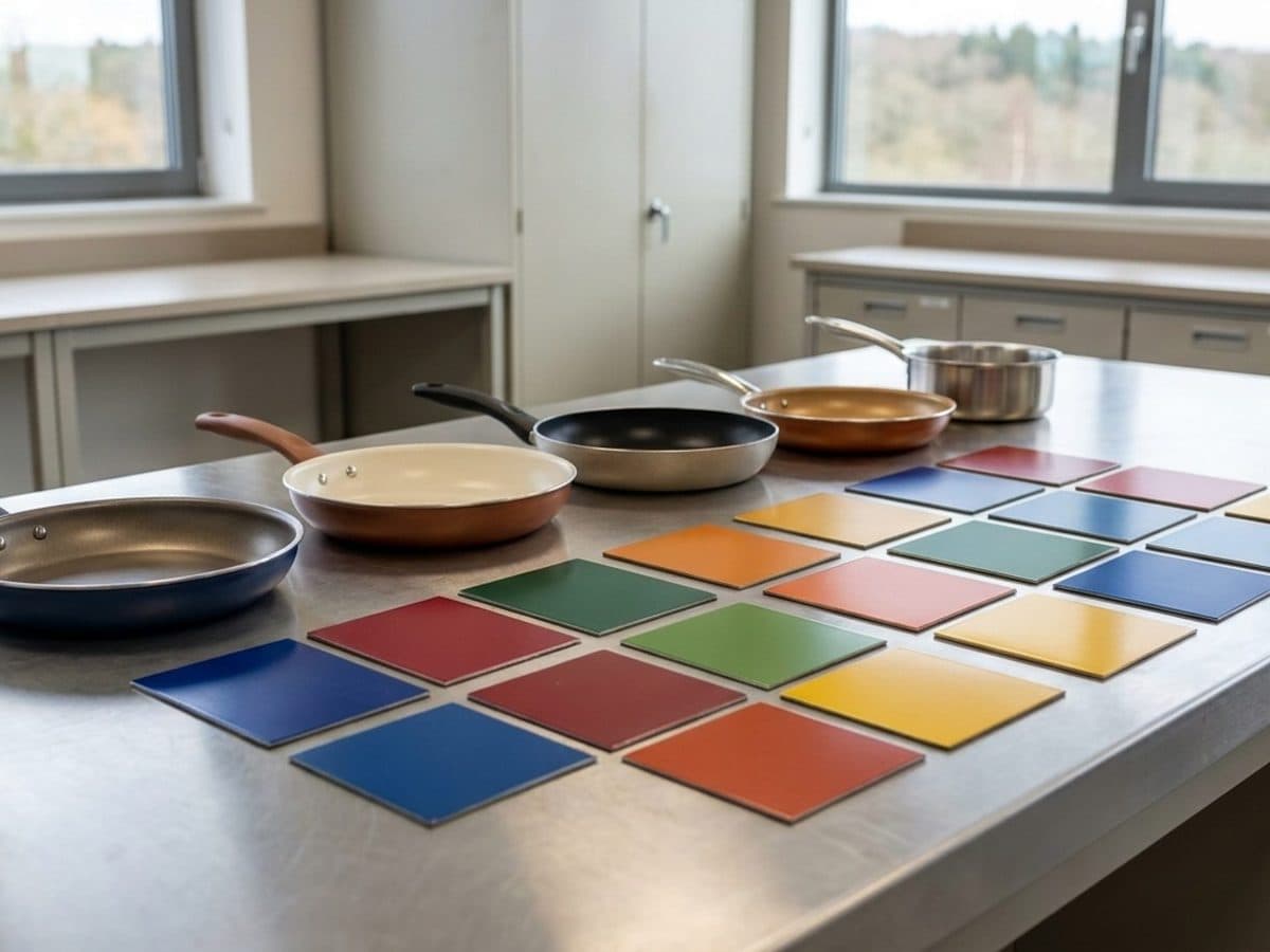 Unbranded cookware and coating samples on a product-testing bench