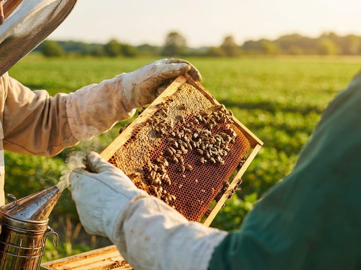 Beekeeper inspecting a honeycomb frame near farmland