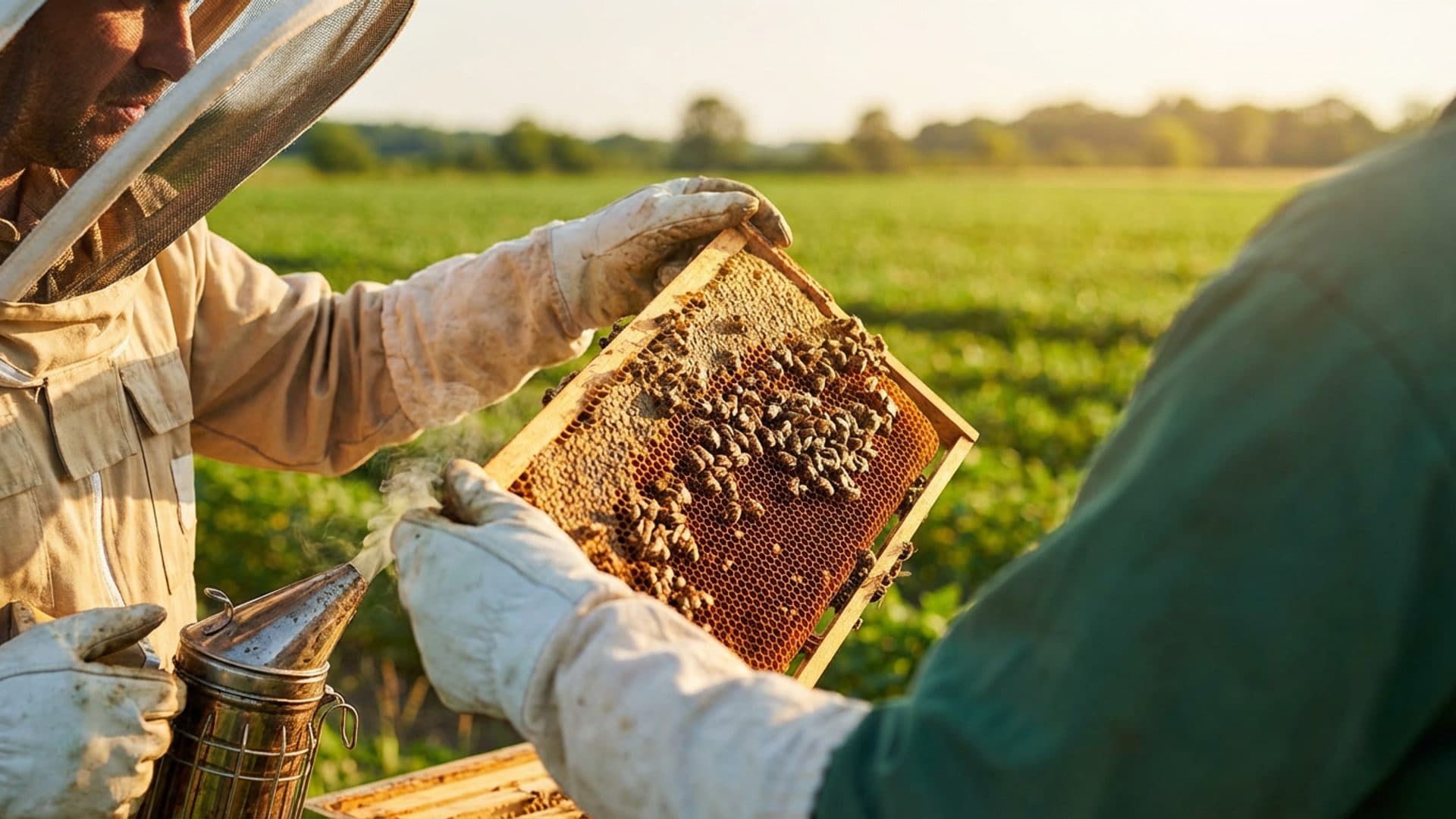 Beekeeper inspecting a honeycomb frame near farmland