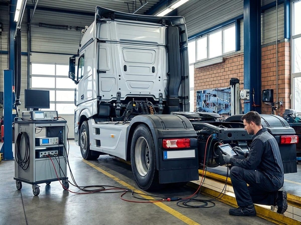 Heavy truck undergoing electronic diagnostics in a roadworthiness inspection bay