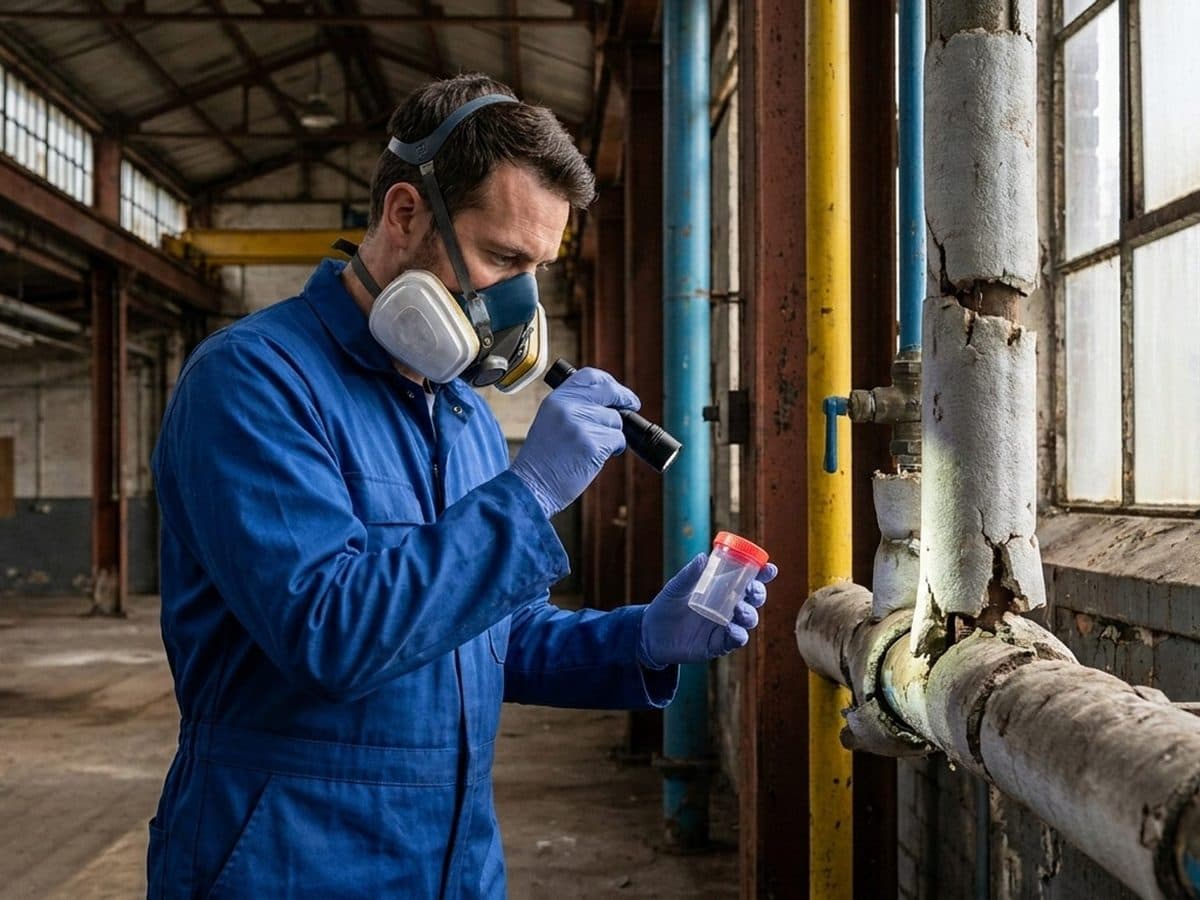 Asbestos surveyor inspecting pipe insulation in an industrial building