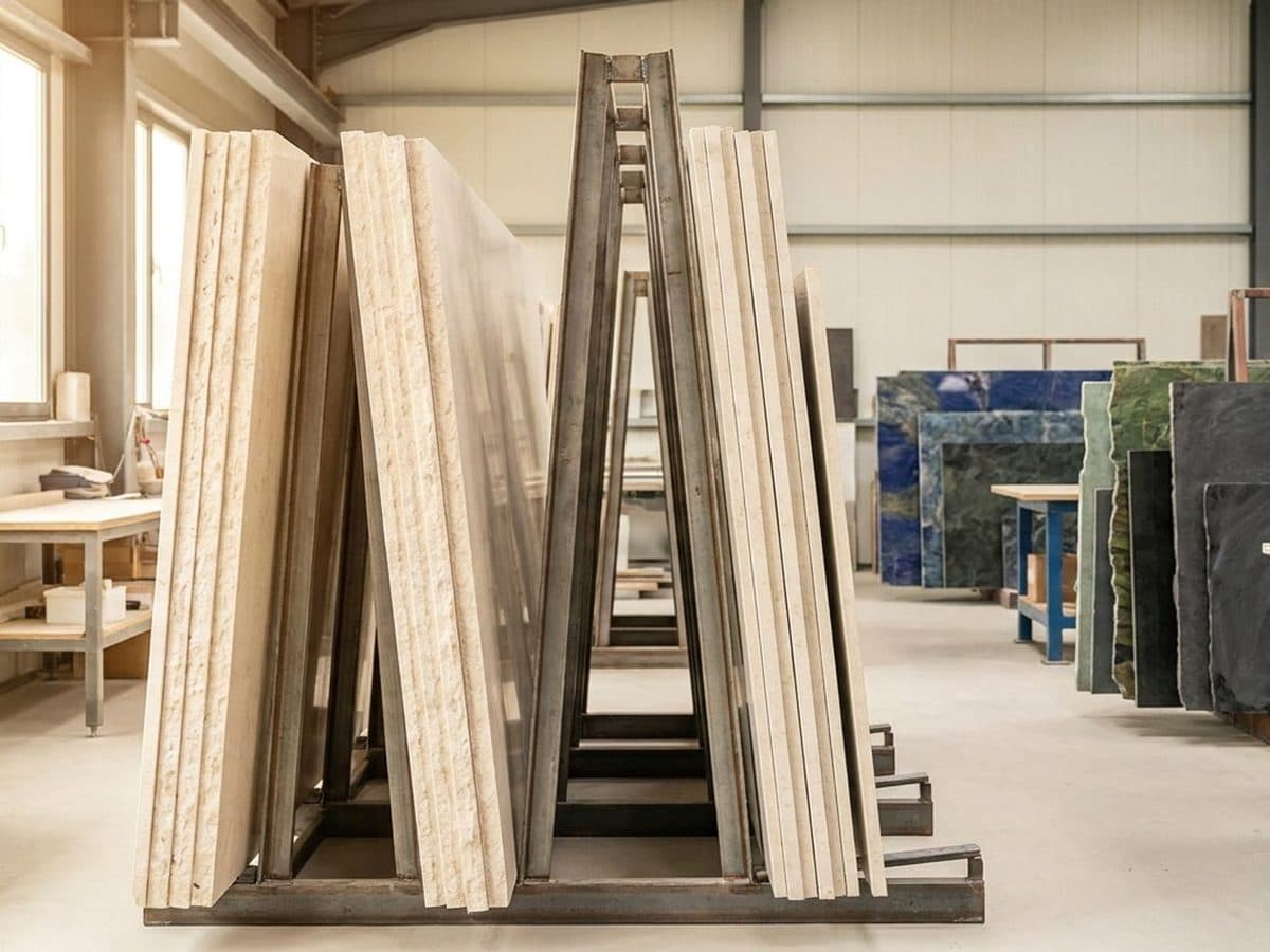 Pale stone worktop slabs stored on a steel rack in a workshop