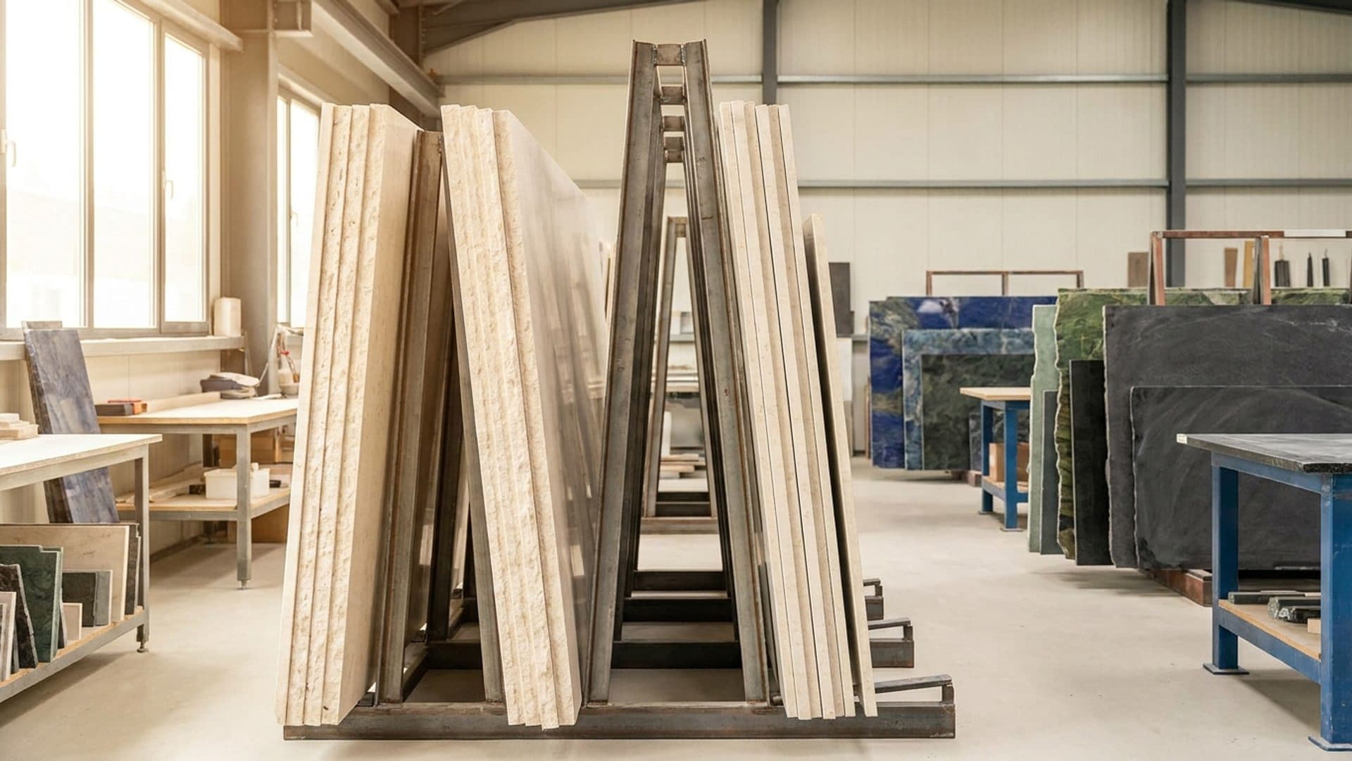 Pale stone worktop slabs stored on a steel rack in a workshop