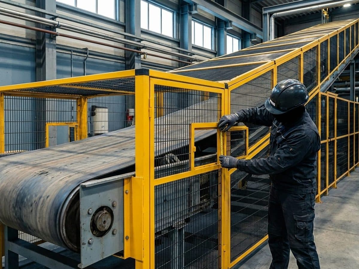 Engineer measuring the guarded opening of a stopped industrial conveyor