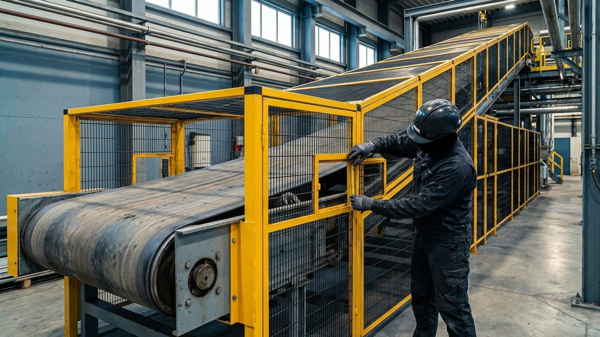 Engineer measuring the guarded opening of a stopped industrial conveyor