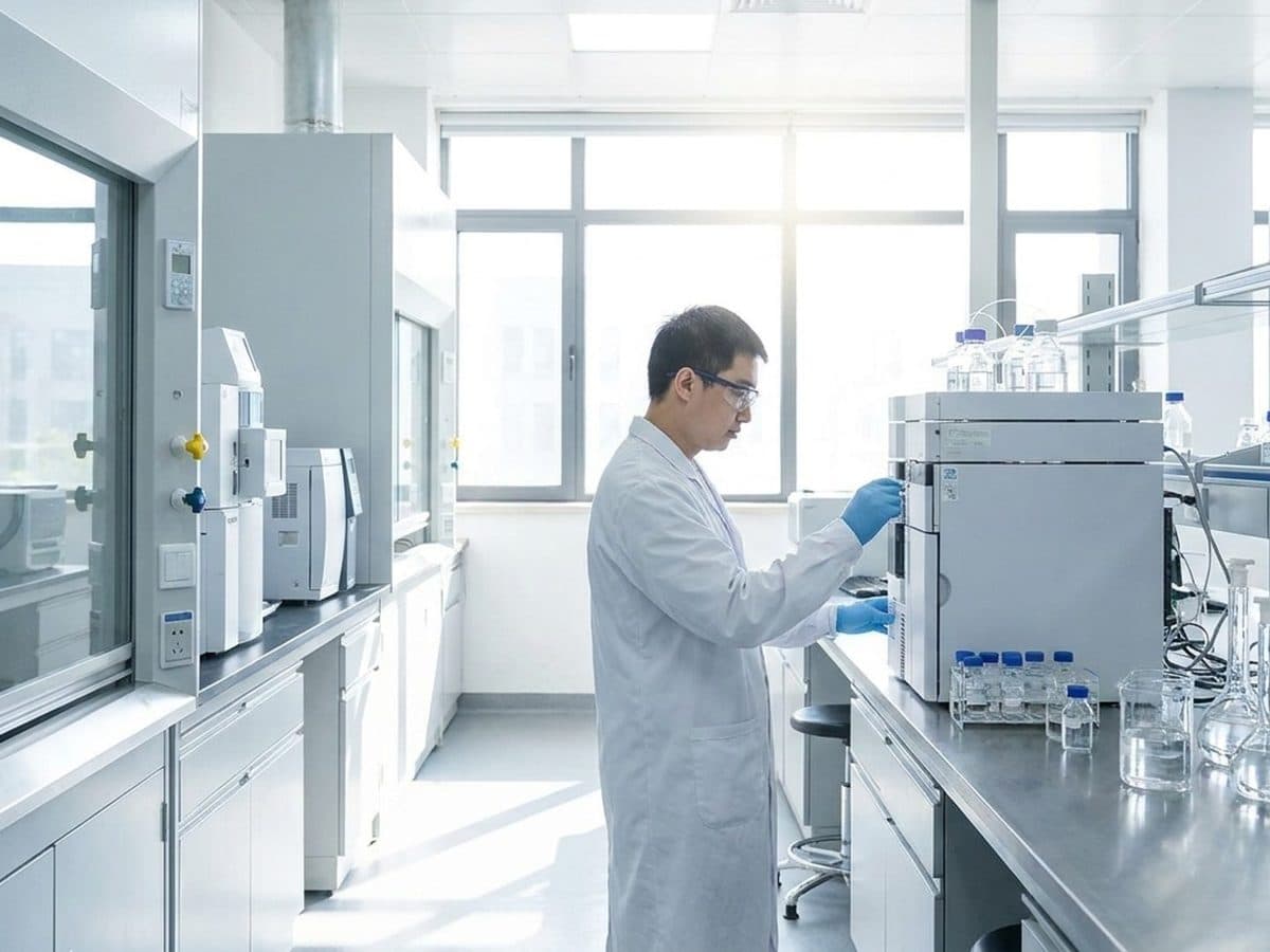 Scientist working beside analytical equipment in a modern chemical laboratory