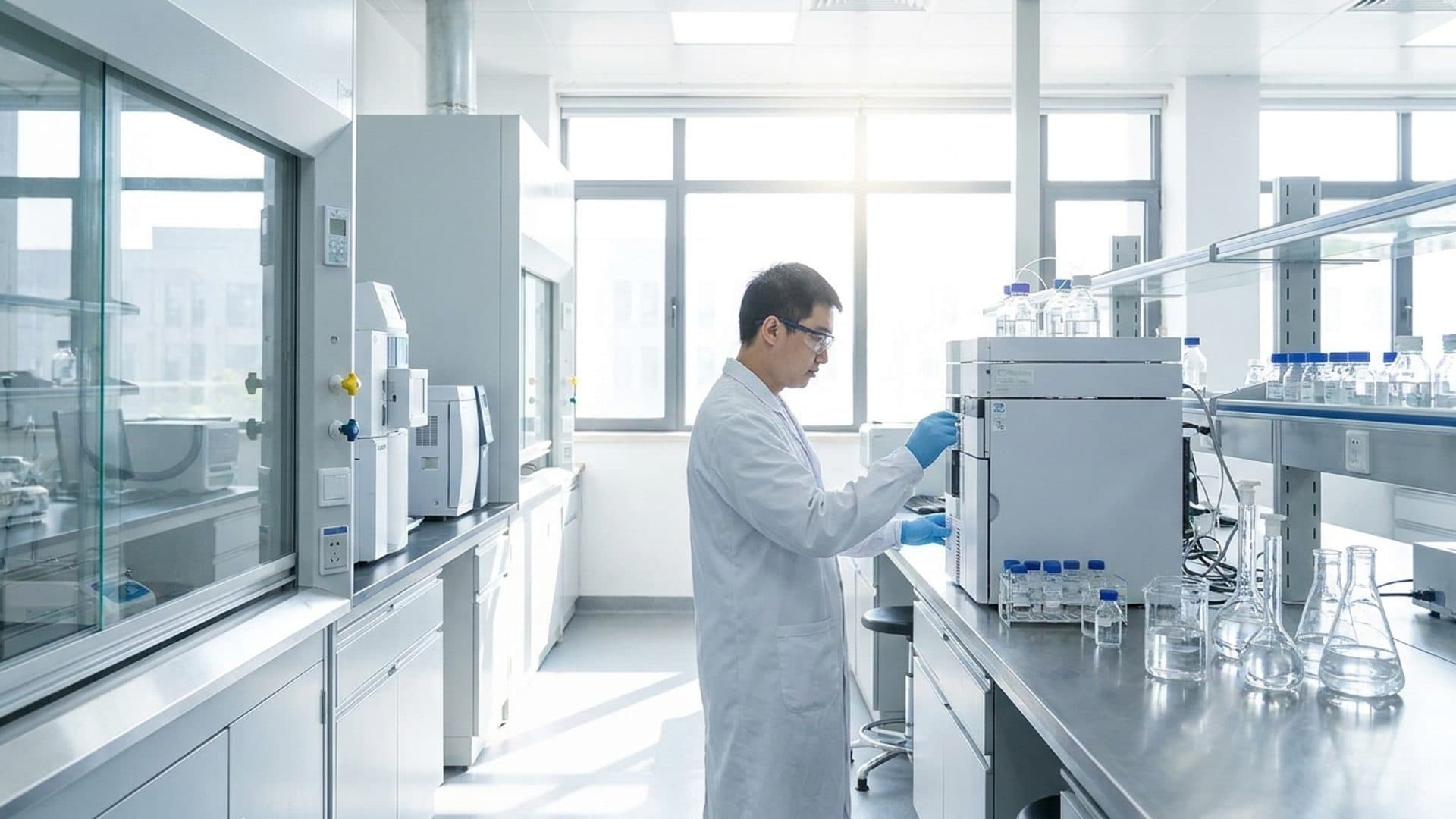 Scientist working beside analytical equipment in a modern chemical laboratory