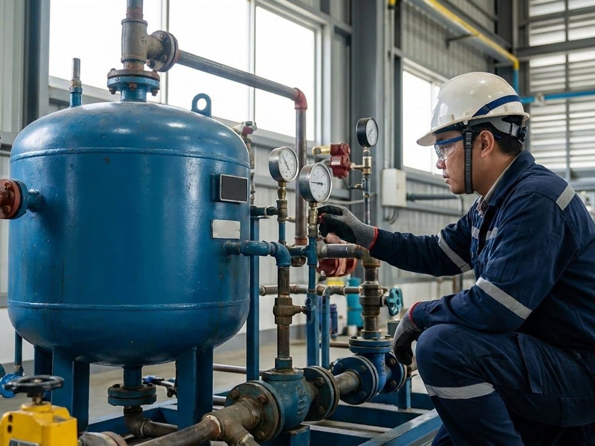 Competent person inspecting an industrial pressure vessel
