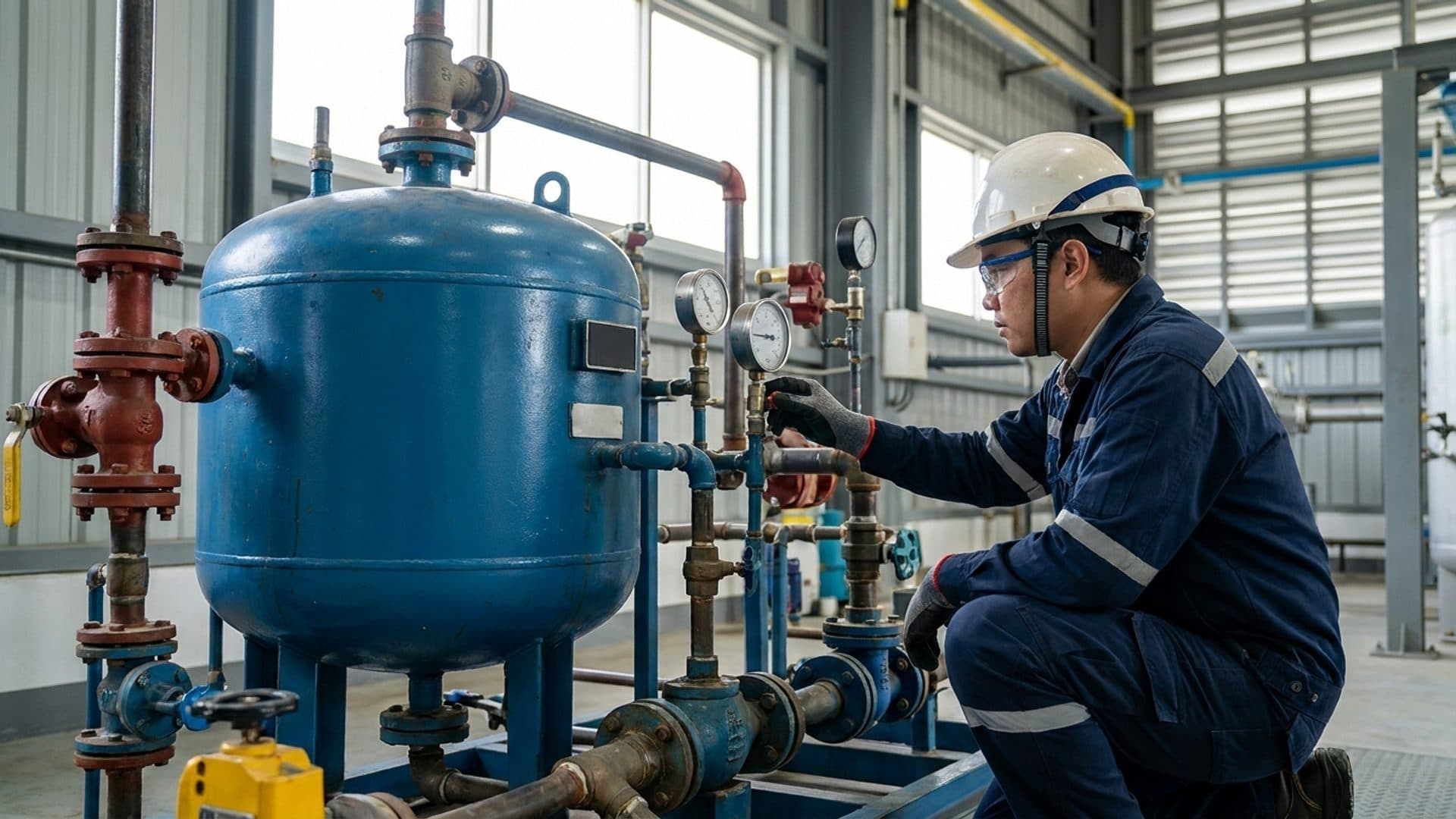 Competent person inspecting an industrial pressure vessel