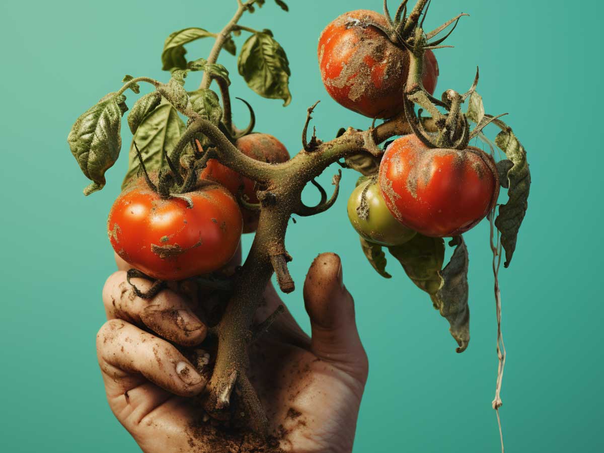 Hand holding tomatoes with fungal disease