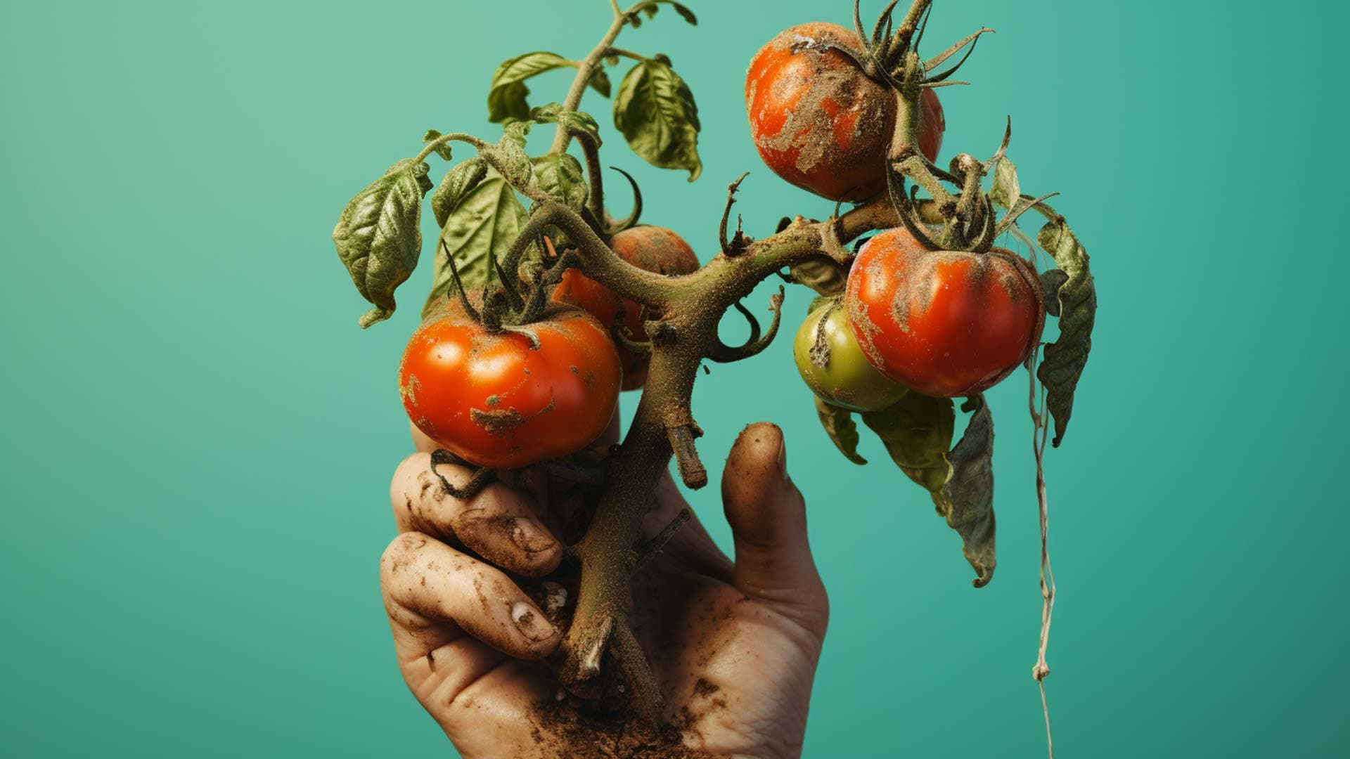 Hand holding tomatoes with fungal disease