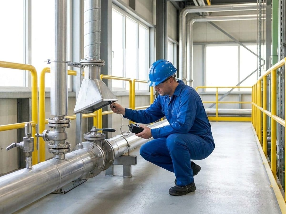 Occupational hygienist sampling air beside sealed chemical transfer lines