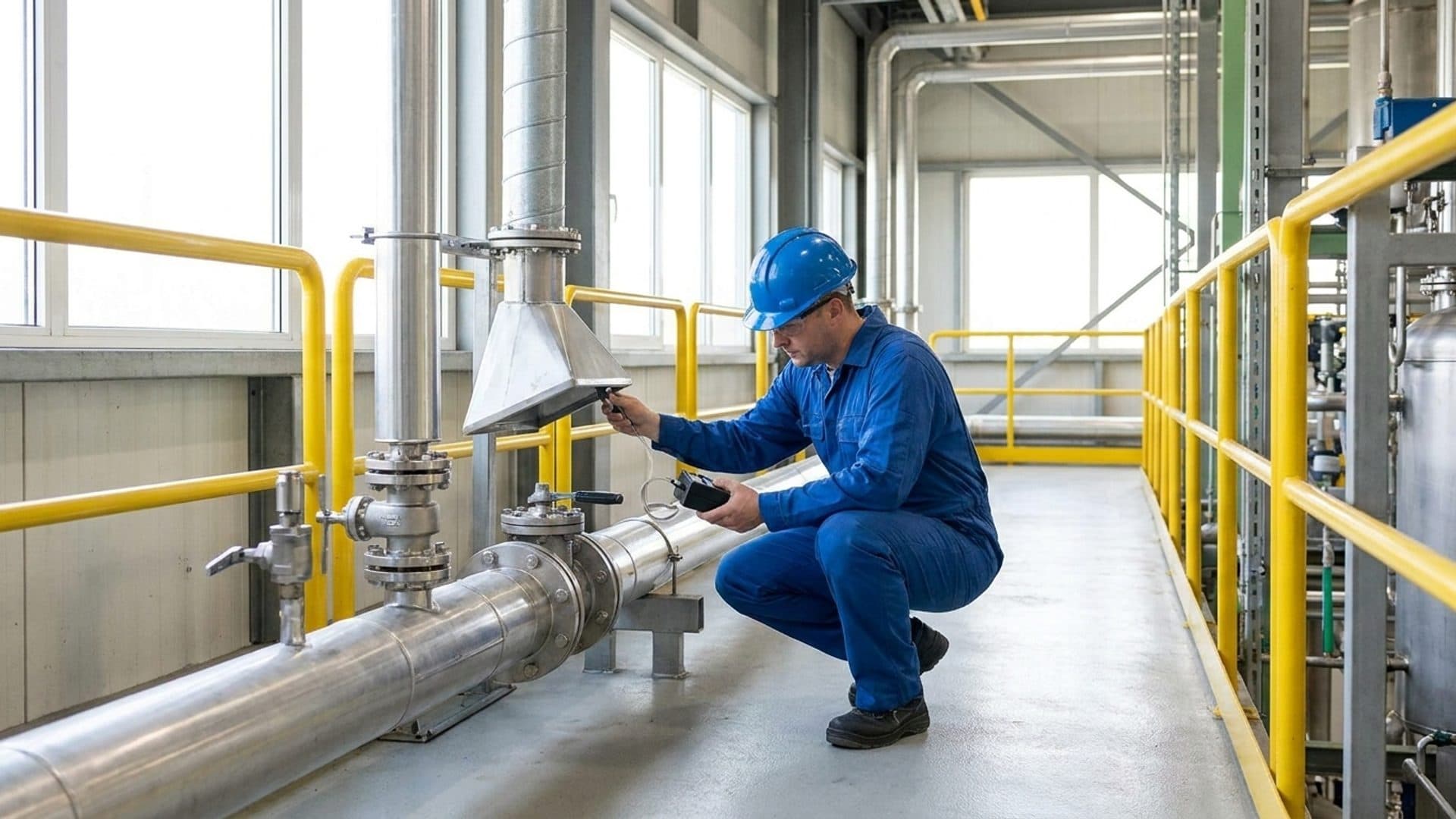 Occupational hygienist sampling air beside sealed chemical transfer lines