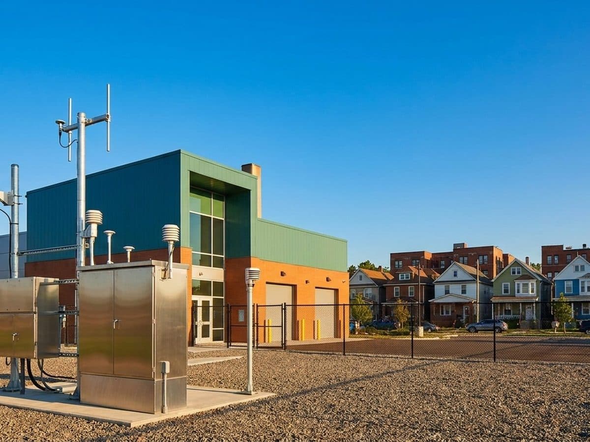 Industrial facility near an urban community with air-monitoring equipment