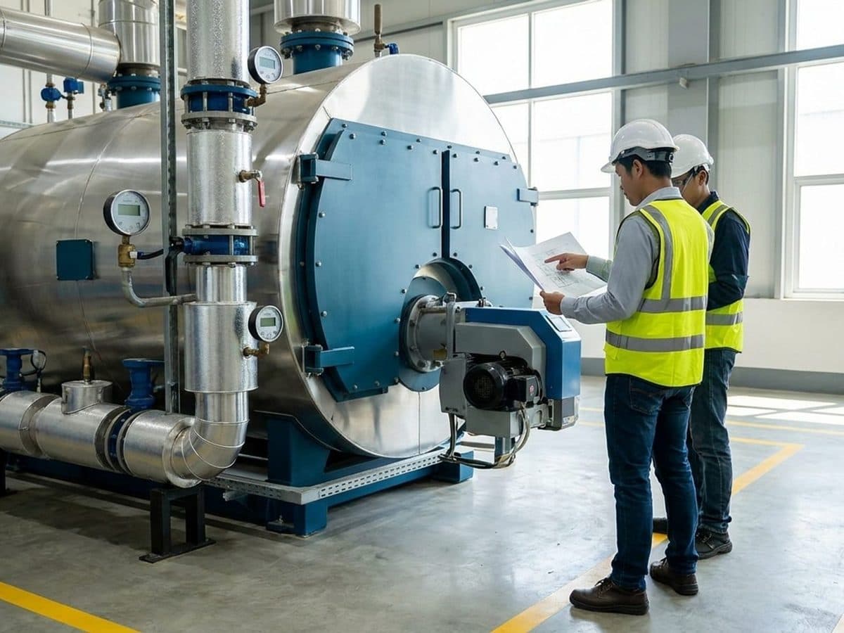 A modern industrial boiler installation with an engineer reviewing inspection and certification records