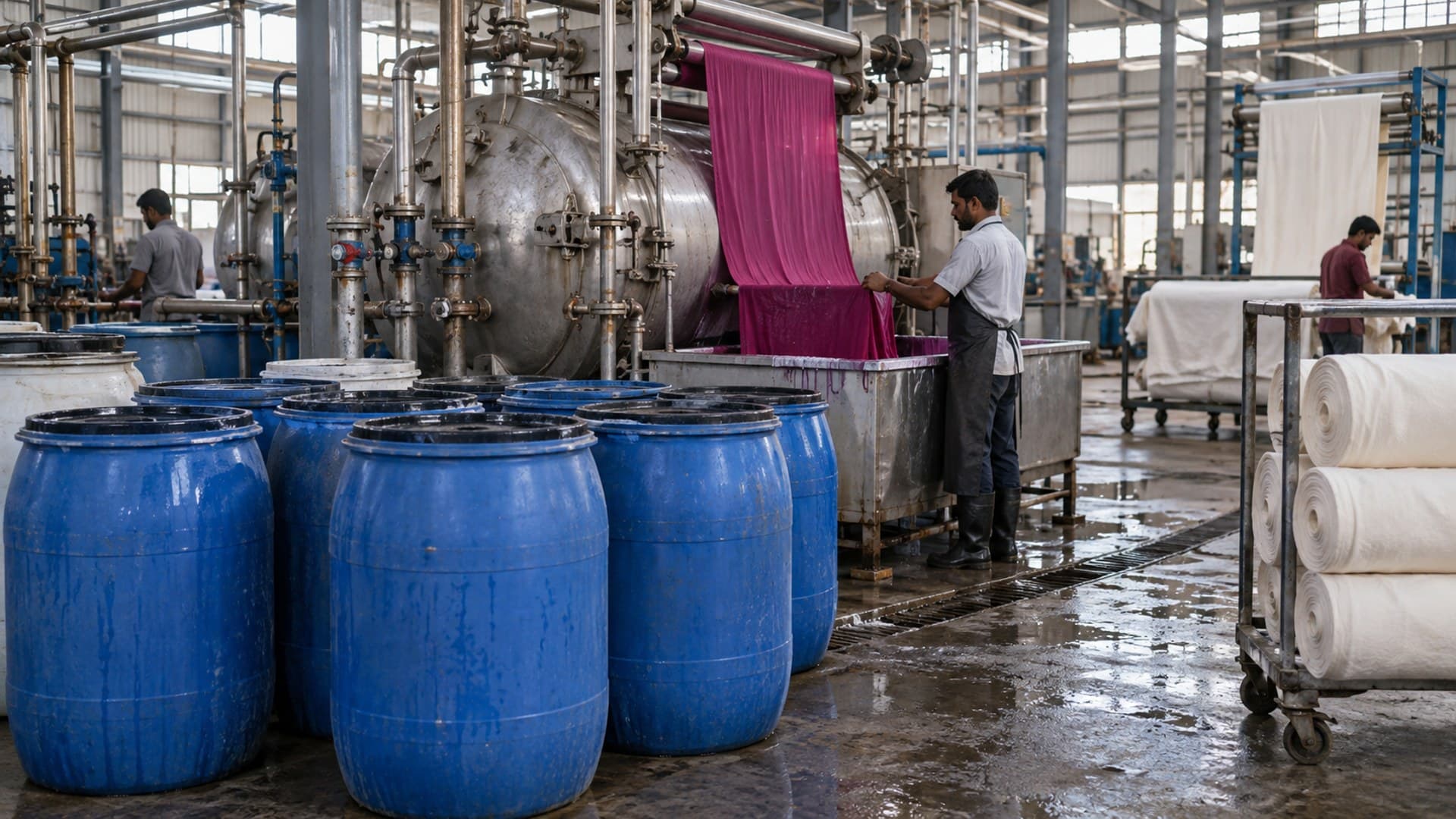 Chemical drums and equipment in a textile-processing facility