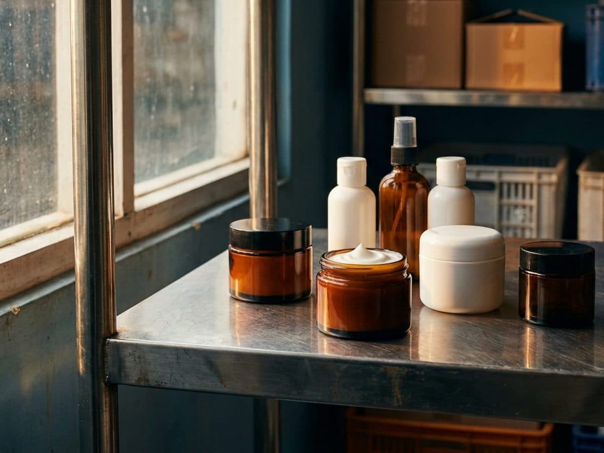 Unbranded cream jars and lotion bottles on a cosmetics packing shelf