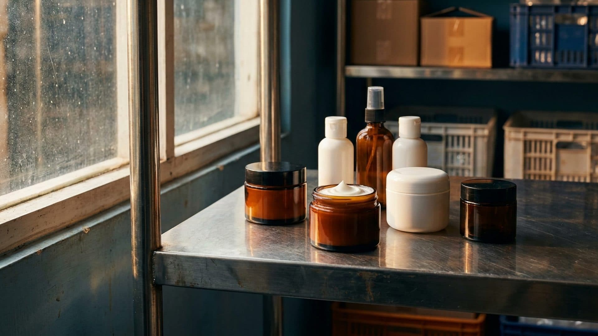 Unbranded cream jars and lotion bottles on a cosmetics packing shelf