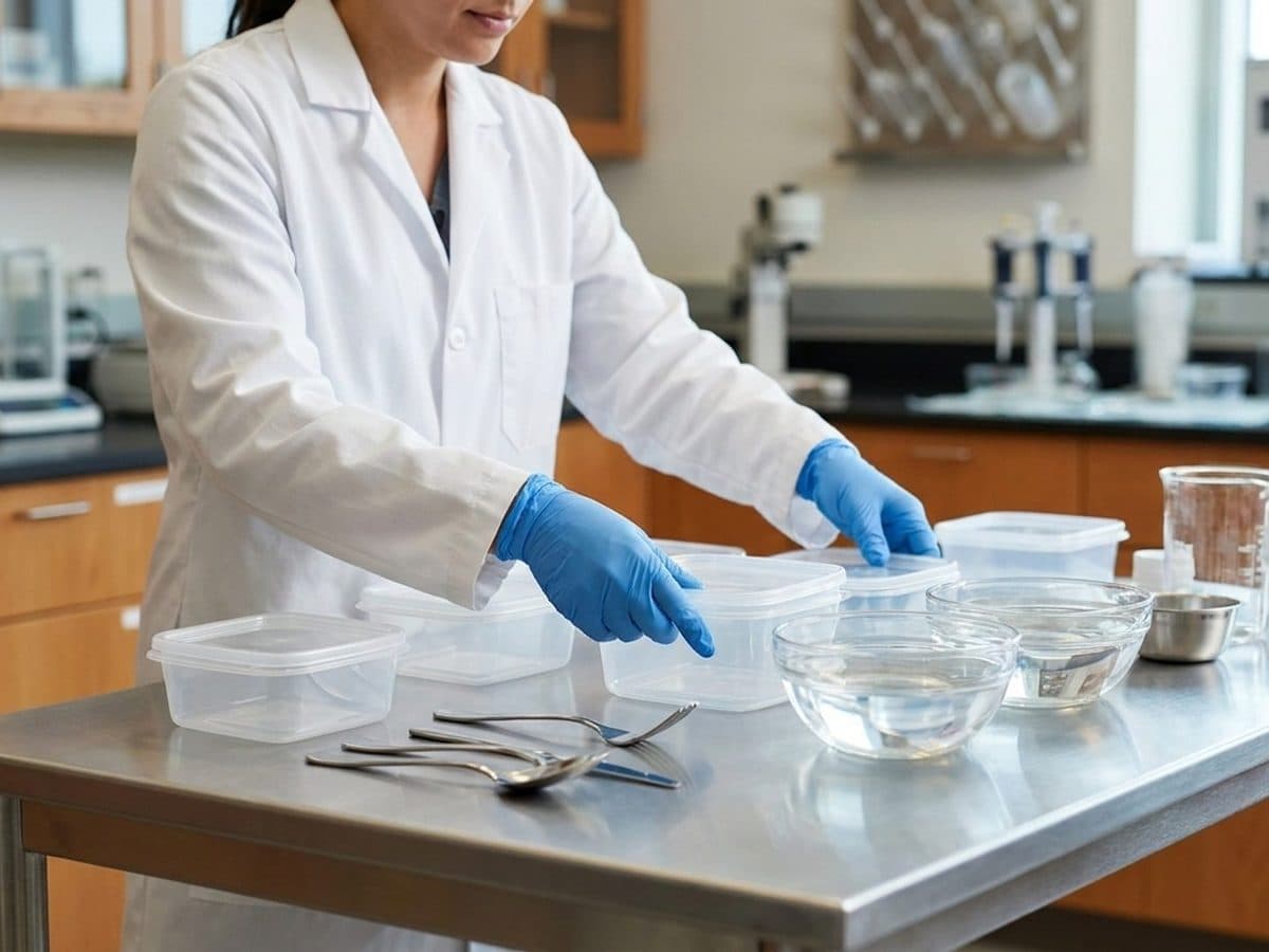 Laboratory technician testing clear plastic food-contact materials