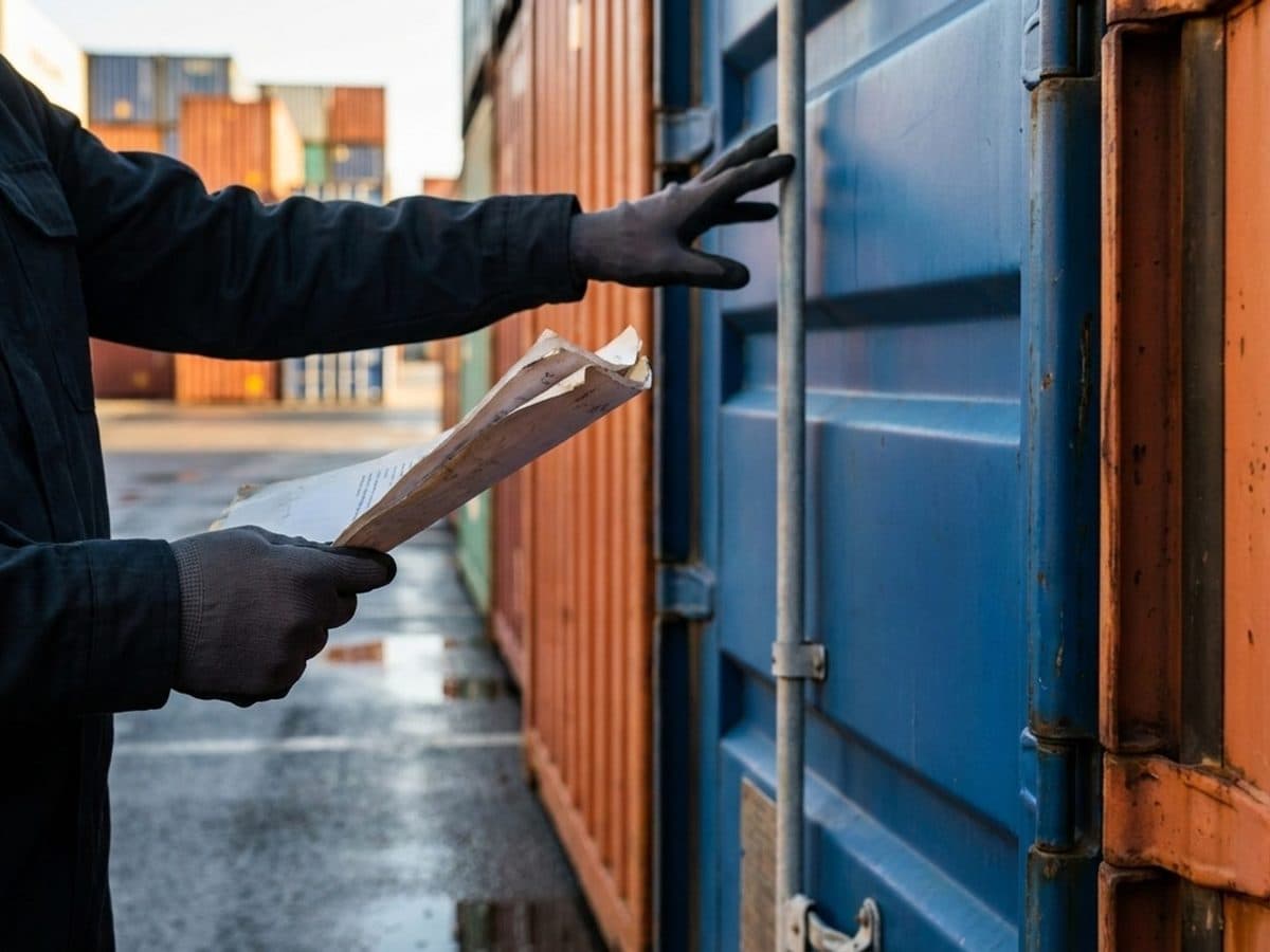 Customs inspector checking shipping containers at a commercial port