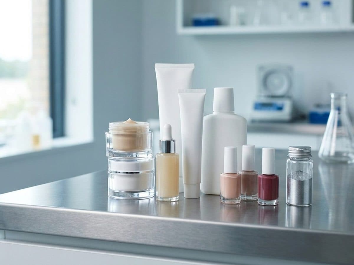Unbranded cosmetic and oral-care products beside a silver-coloured sample