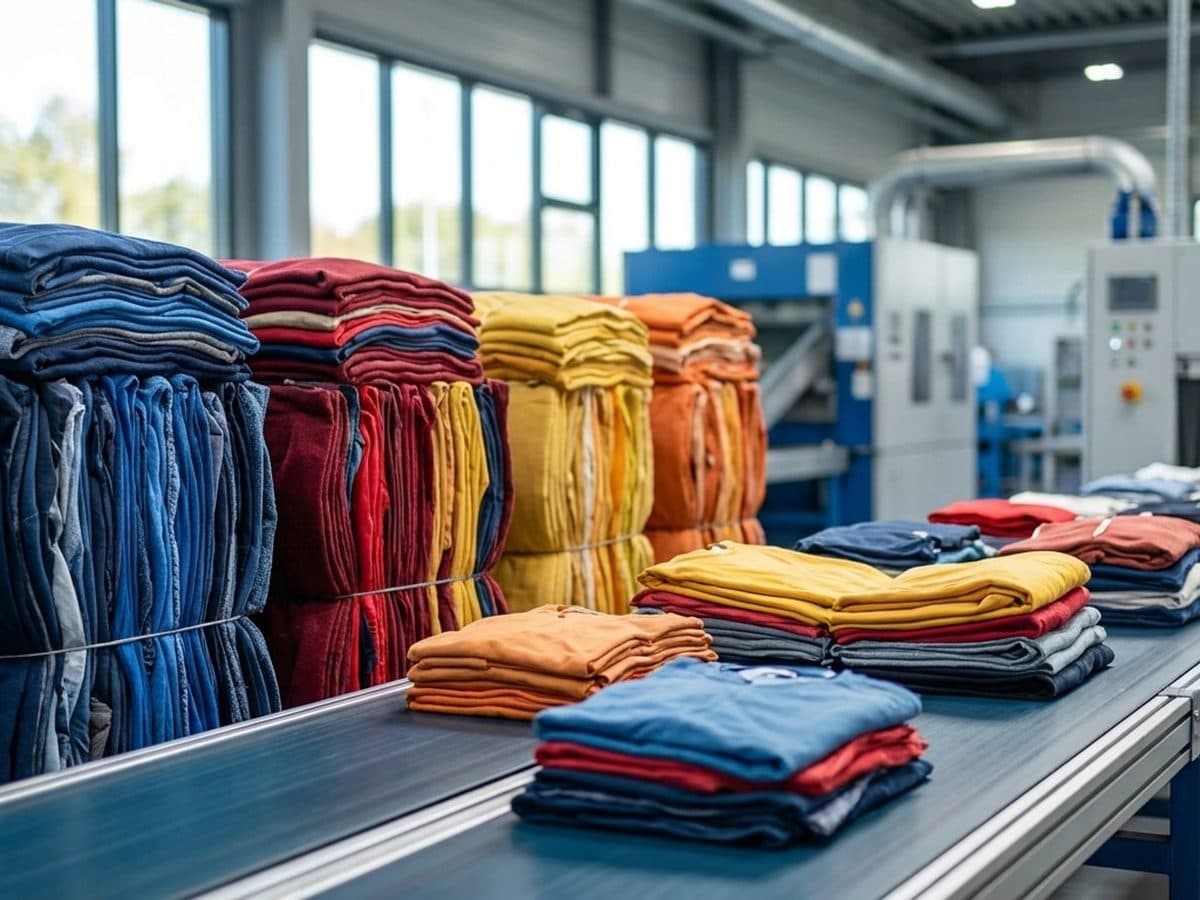 Sorted clothing and textile recycling bales in a materials recovery facility