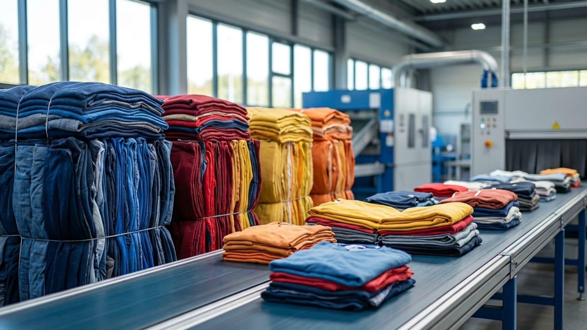 Sorted clothing and textile recycling bales in a materials recovery facility