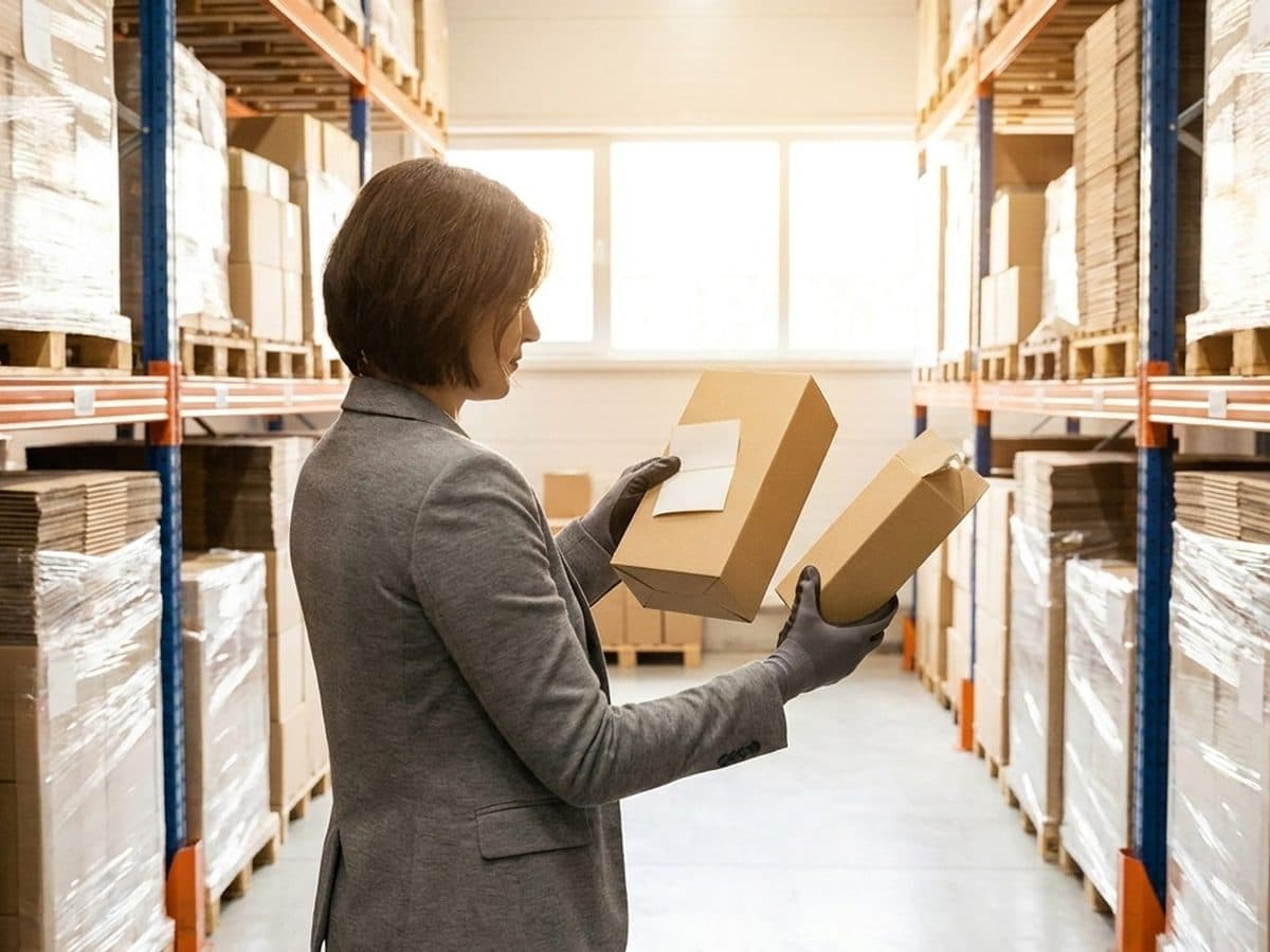 Compliance specialist comparing unbranded packaging versions in a warehouse