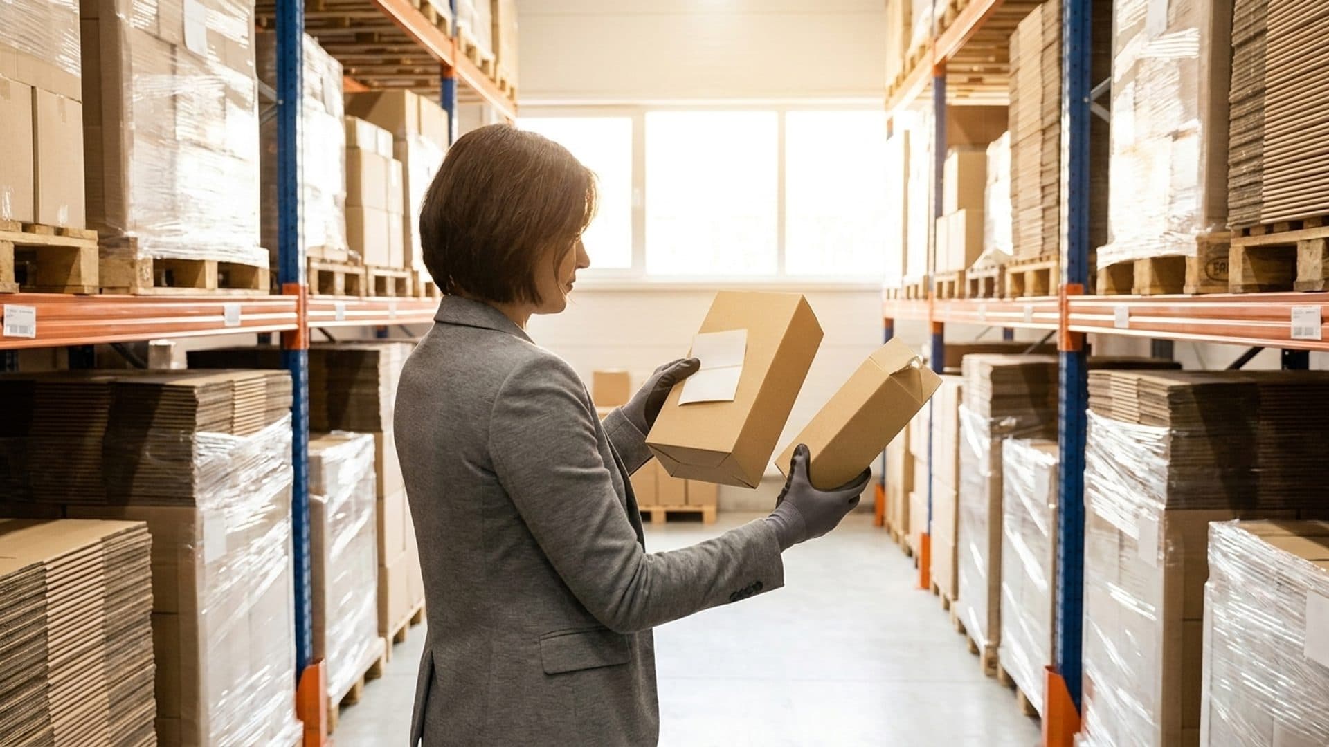 Compliance specialist comparing unbranded packaging versions in a warehouse
