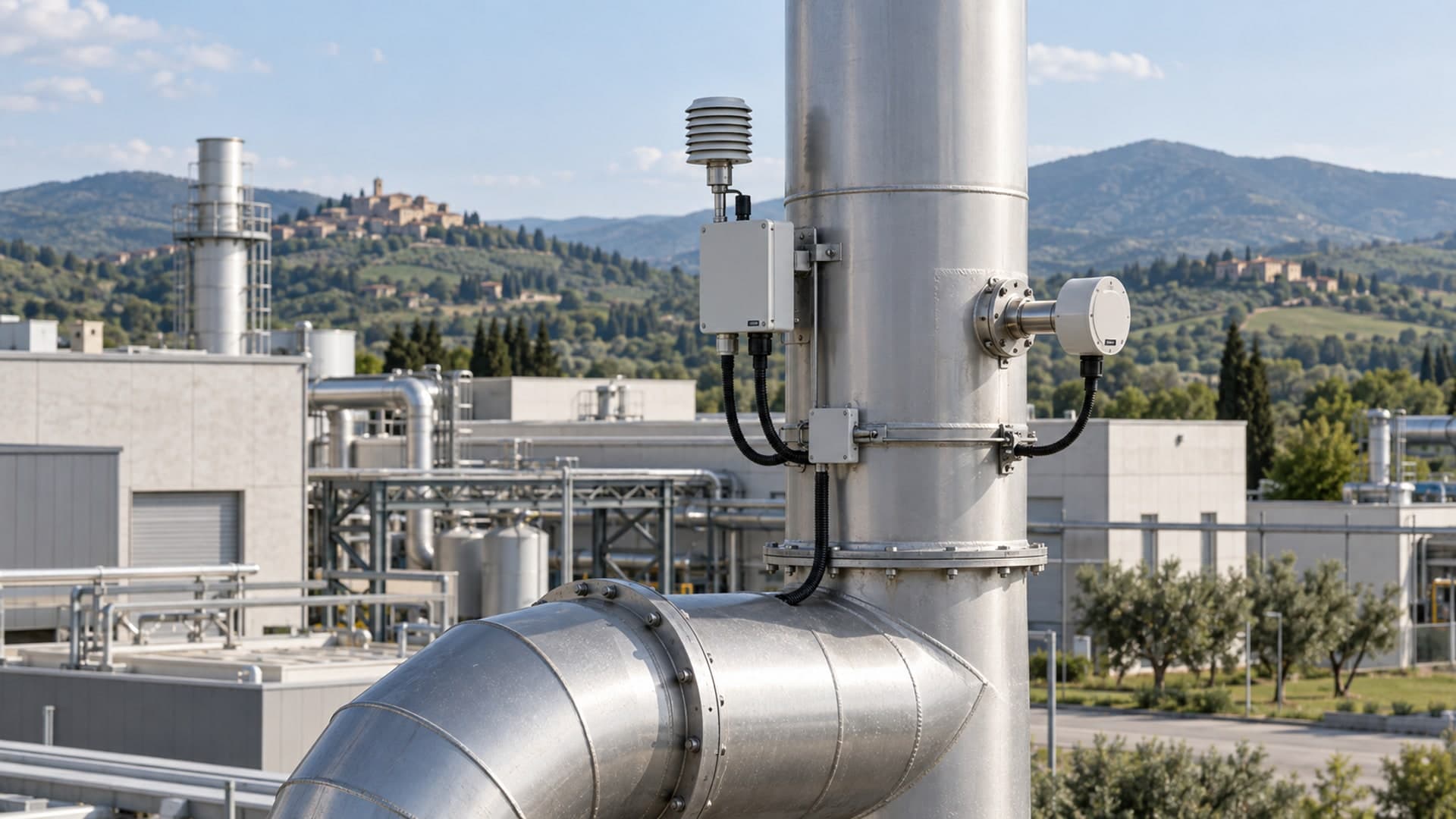 Industrial installation with emissions-monitoring equipment