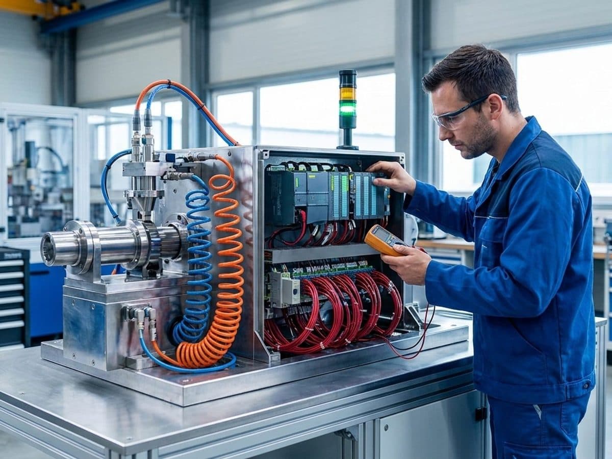 Technician inspecting a connected industrial machine on a factory test bench