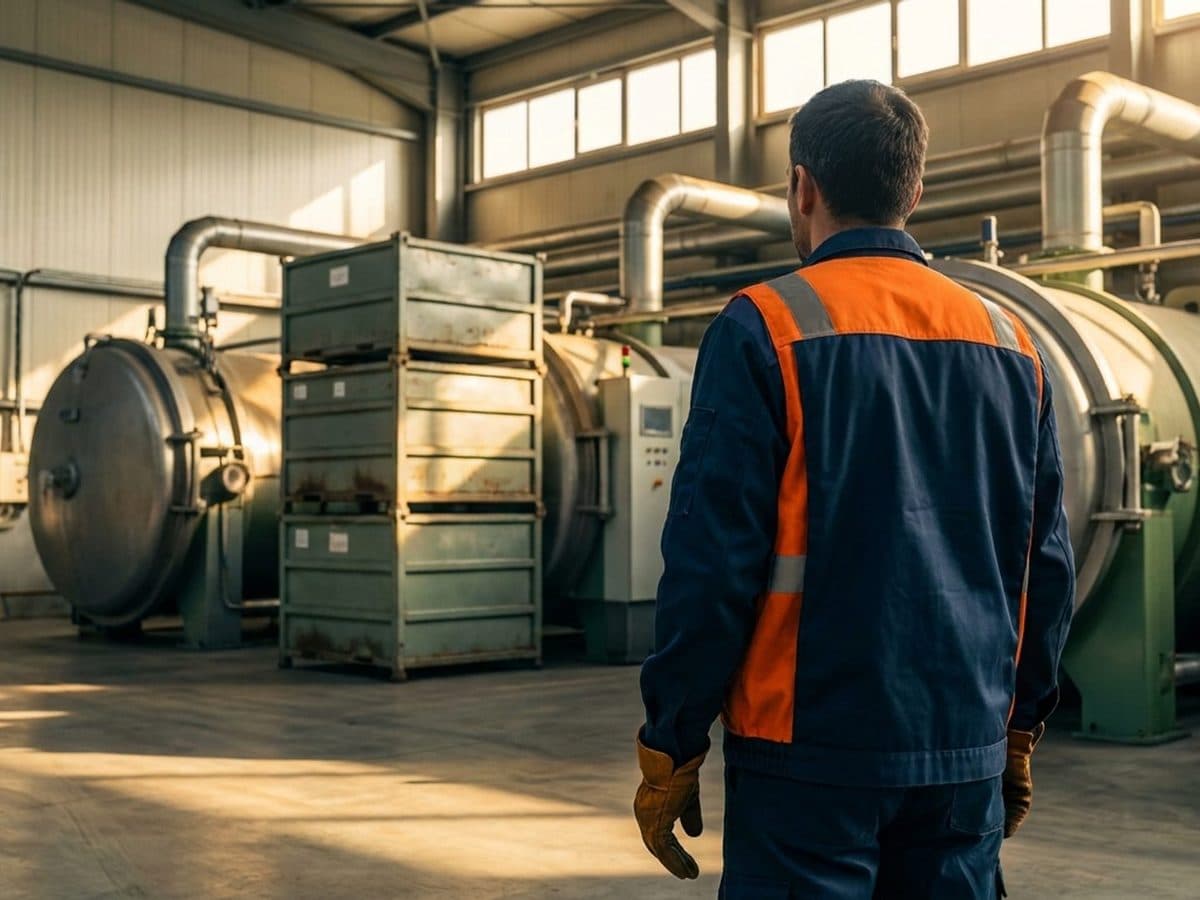 Worker beside enclosed processing equipment in an industrial hall