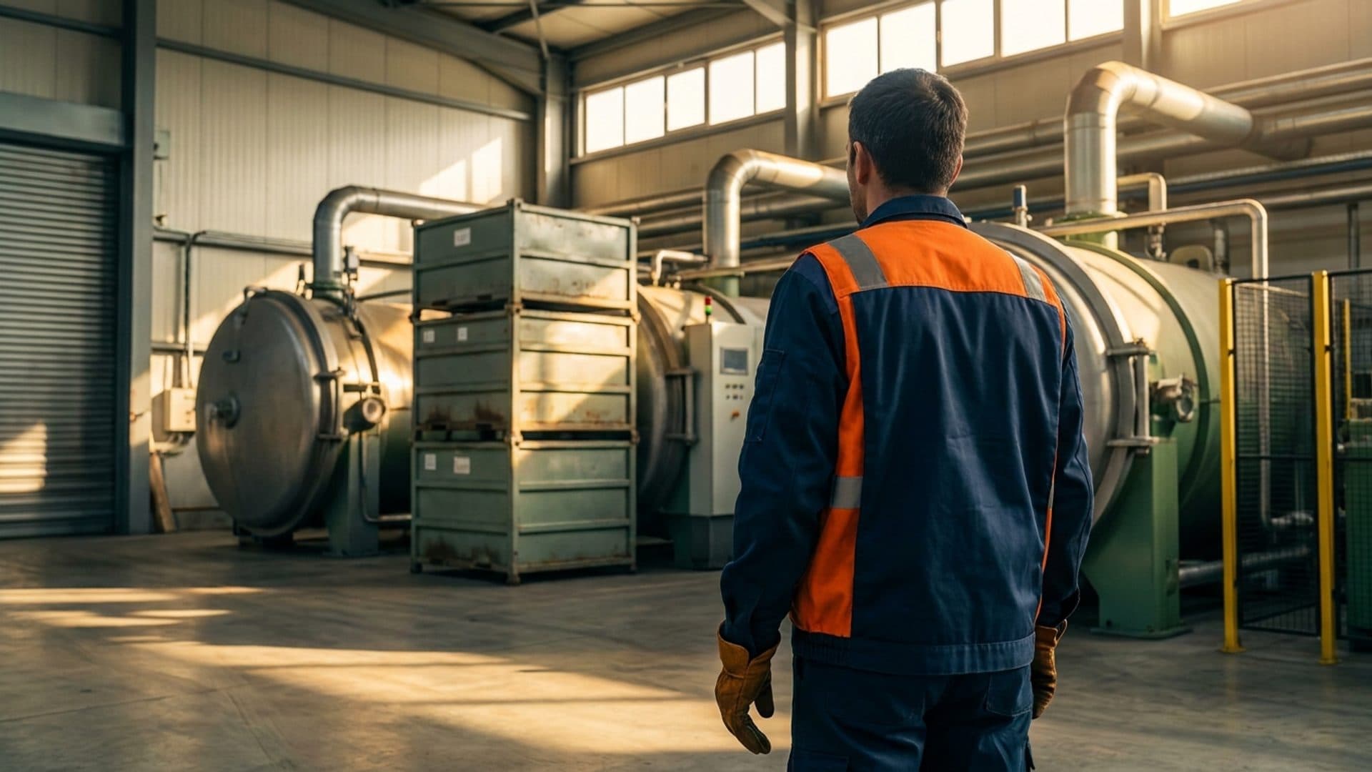 Worker beside enclosed processing equipment in an industrial hall