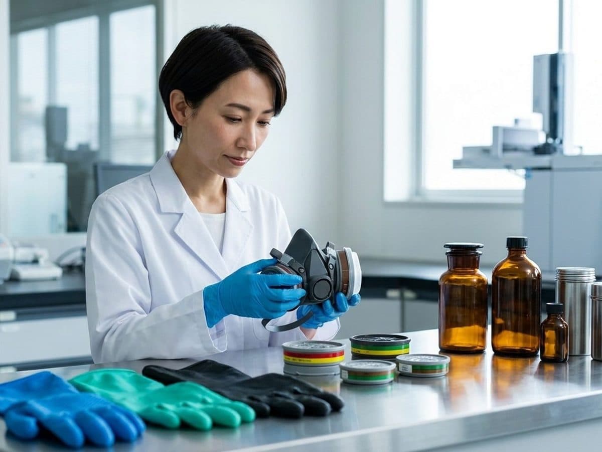 Respirator cartridges and protective glove samples in an industrial hygiene laboratory