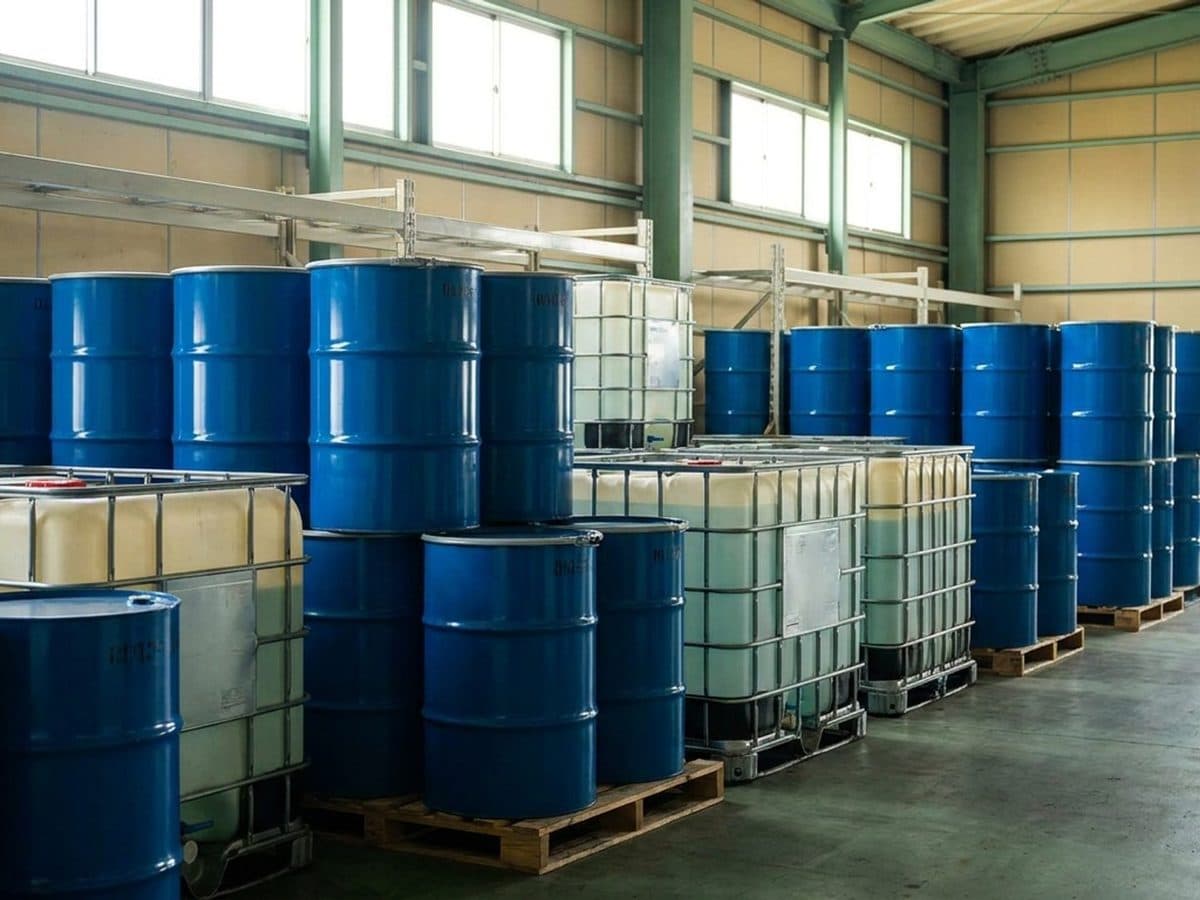 Closed industrial chemical drums and containers in a warehouse