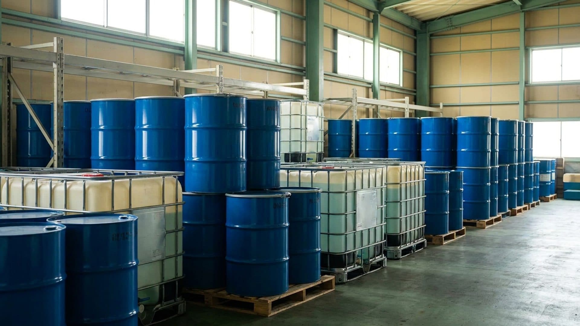 Closed industrial chemical drums and containers in a warehouse