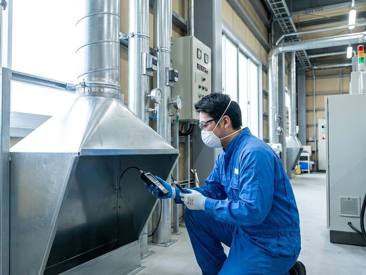 Manufacturing technician checking local exhaust ventilation beside a coating line