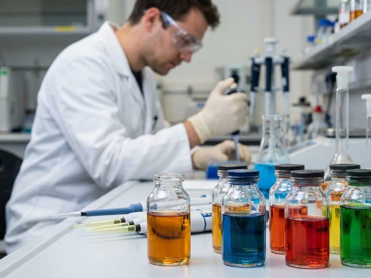 Laboratory glassware on a quality control bench
