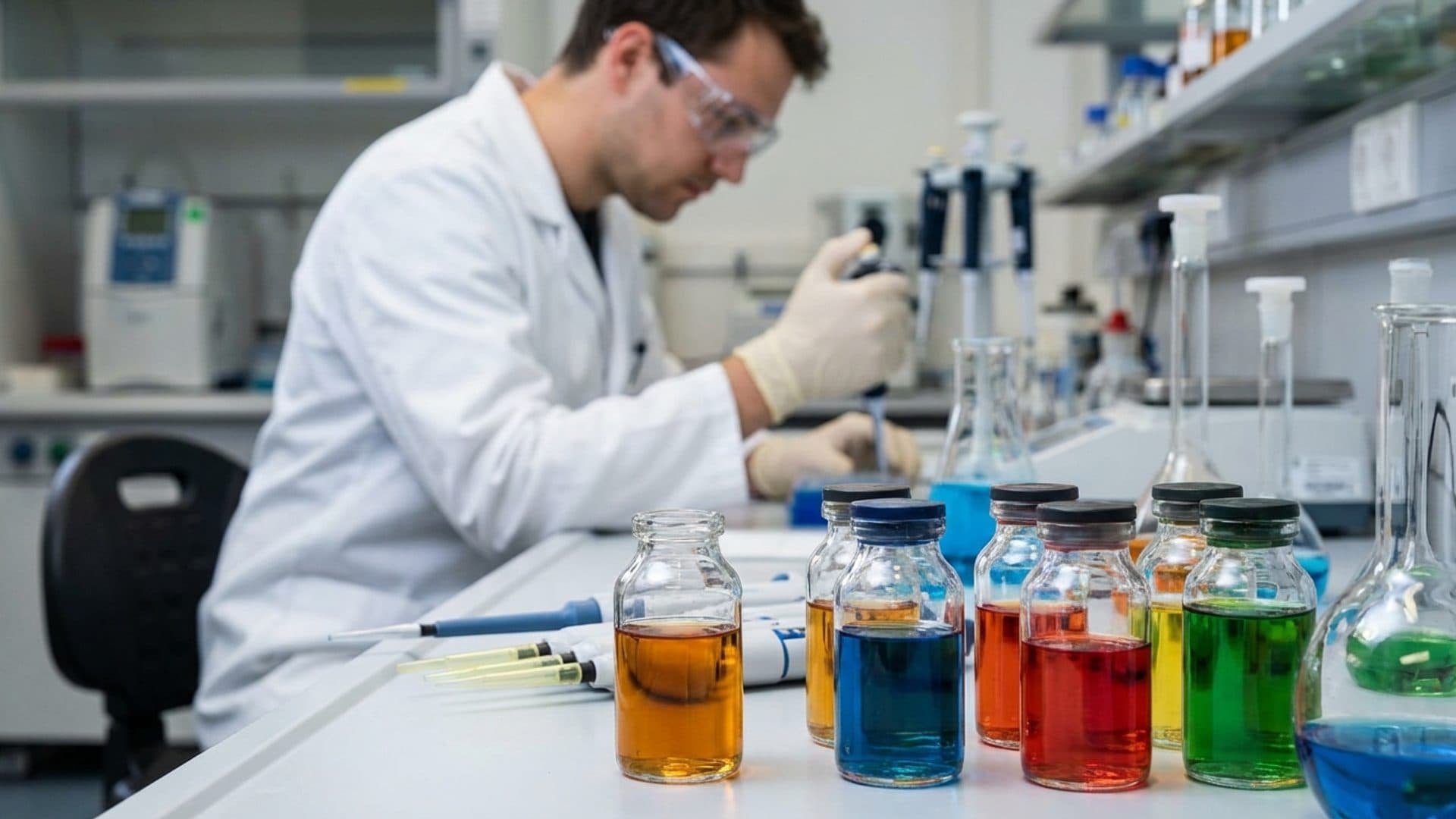Laboratory glassware on a quality control bench