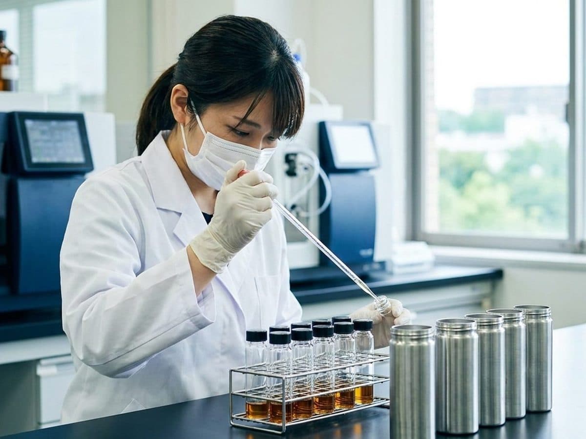 Technician analysing samples beside sealed containers in a laboratory